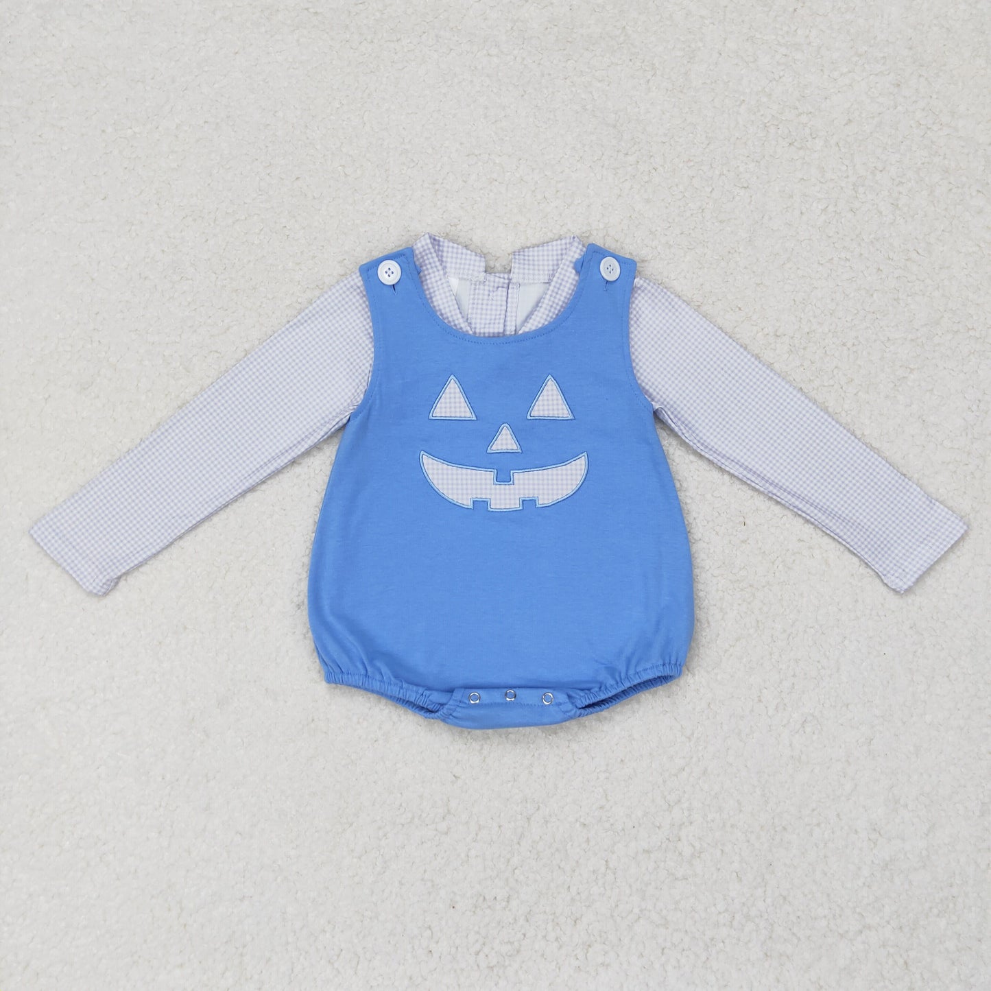 RTS no moq BT0752+SR1926 Blue plaid doll collar long-sleeved top Embroidered Halloween smiley face blue vest jumpsuit match romper rts