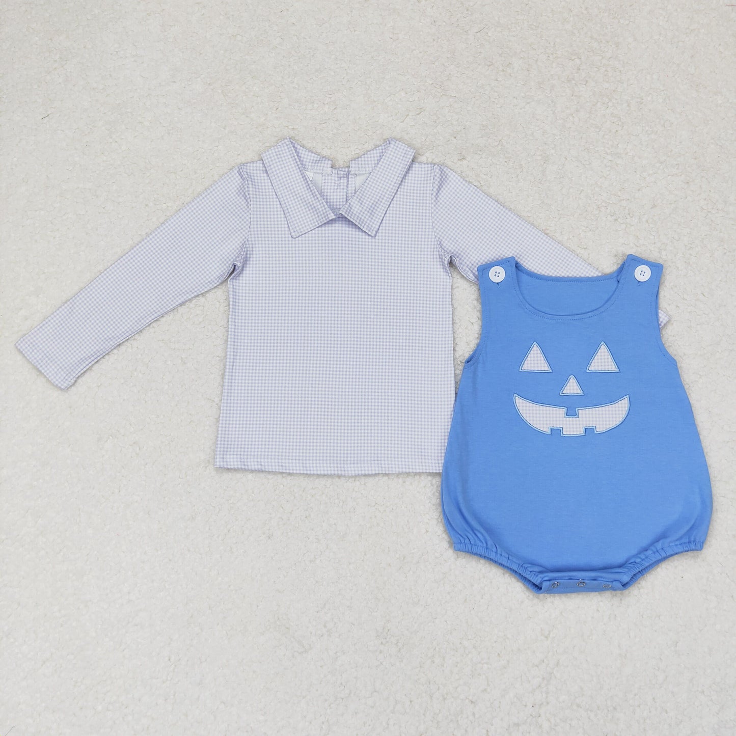 RTS no moq BT0752+SR1926 Blue plaid doll collar long-sleeved top Embroidered Halloween smiley face blue vest jumpsuit match romper rts