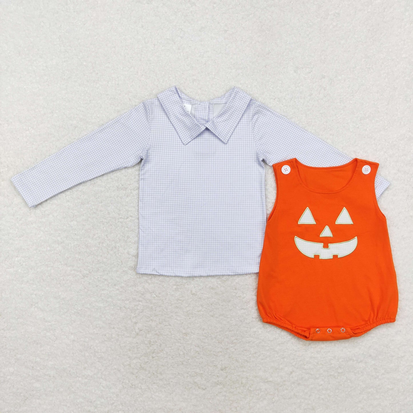 RTS no moq BT0752+SR1937 Blue plaid doll collar long-sleeved top Embroidered Halloween smiley orange vest jumpsuit 2 pieces suit