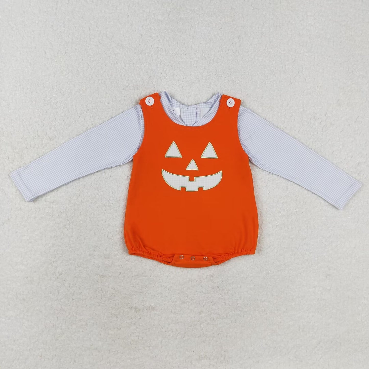 RTS no moq BT0752+SR1937 Blue plaid doll collar long-sleeved top Embroidered Halloween smiley orange vest jumpsuit 2 pieces suit