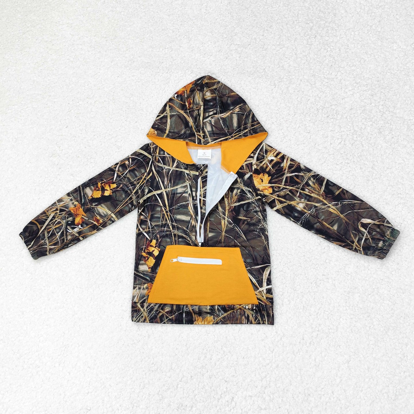 rts no moq BT0755 Leaf camouflage zipper orange pocket hooded long sleeve top