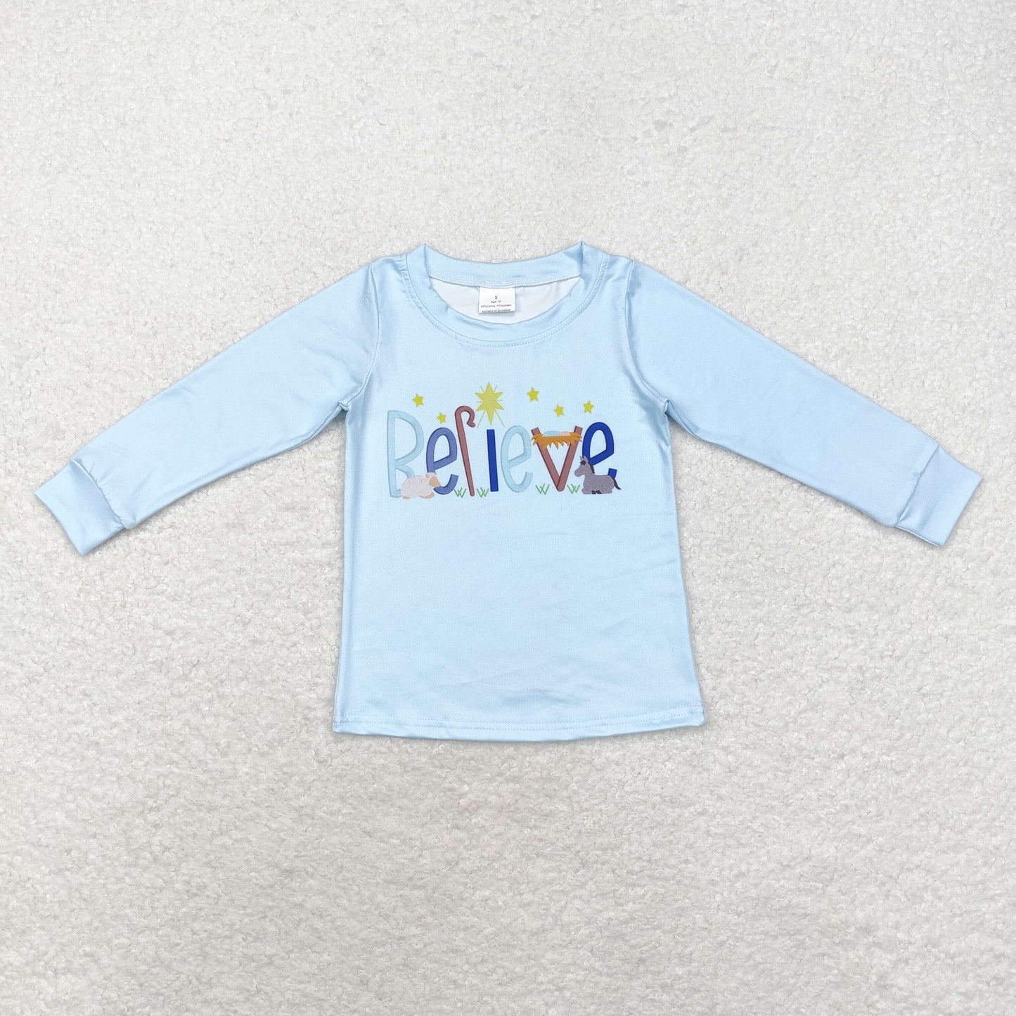 rts no moq BT0775 Believe Jesus light blue long-sleeved top