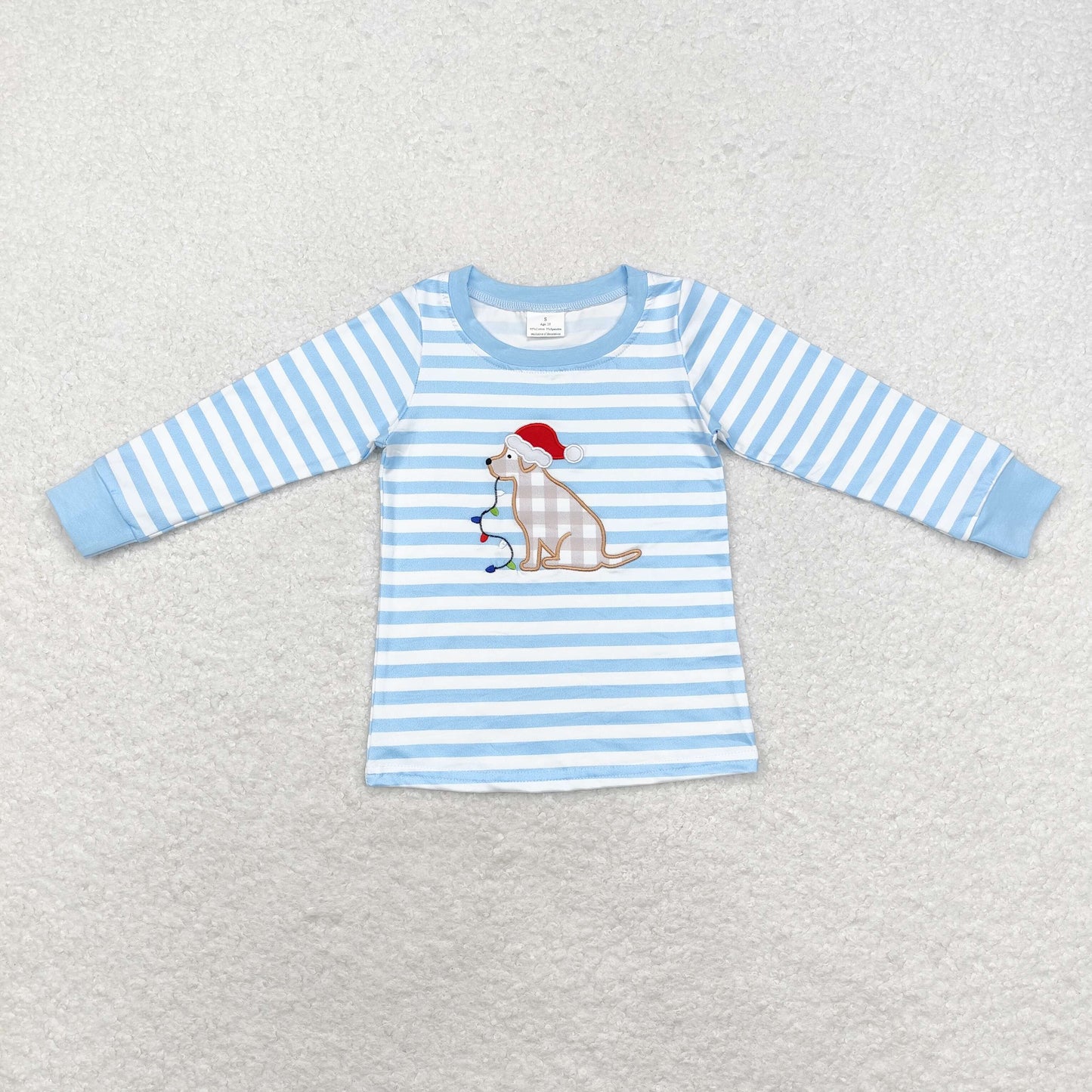 rts no moq BT0791 Embroidered Christmas hat puppy lights striped blue and white long-sleeved top