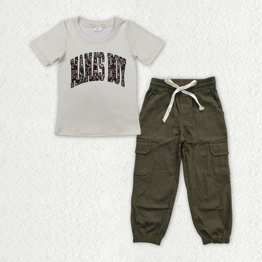 rts no moq BT0792+P0135 Mama's boy camouflage letter beige short-sleeved top Dark green pocket overalls sets