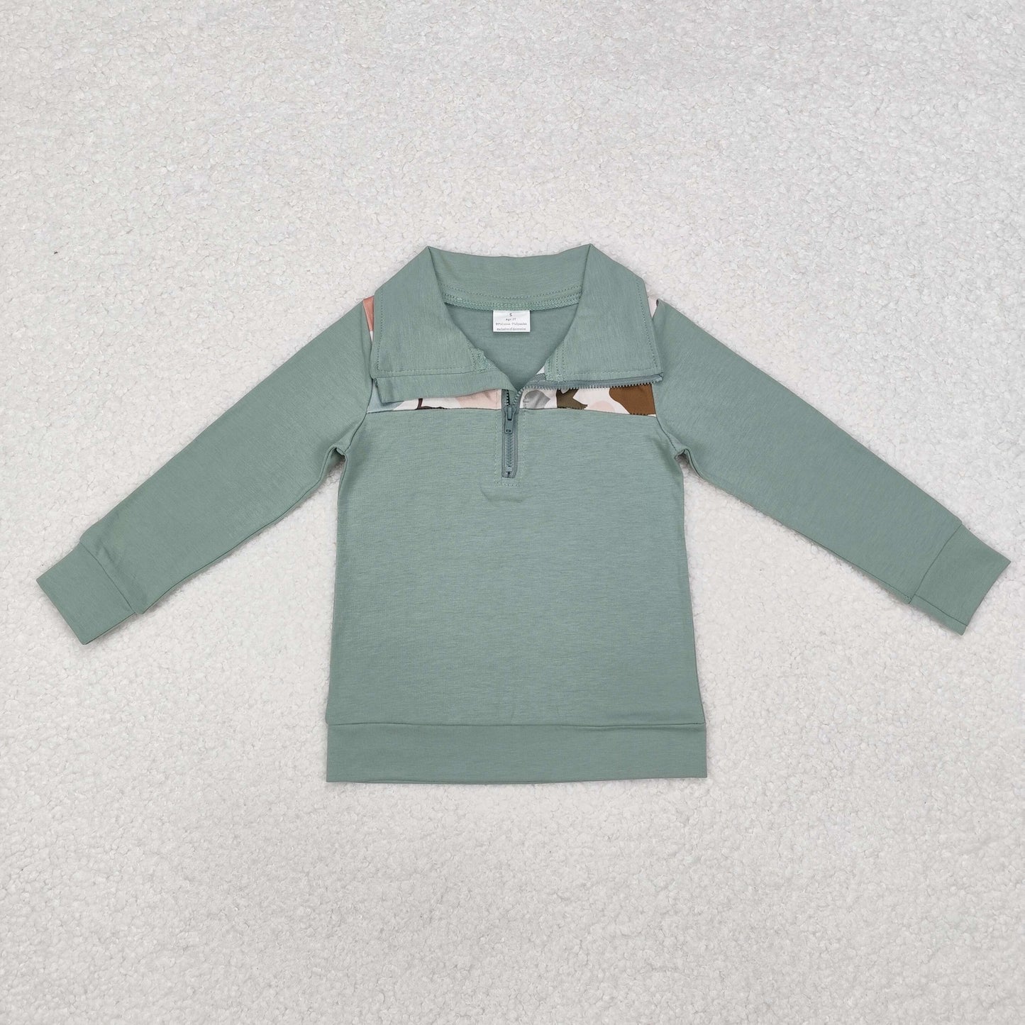 RTS NO MOQ（In Stock) BT0796 Puppy Duck Camouflage Green Zipper Long Sleeve Top