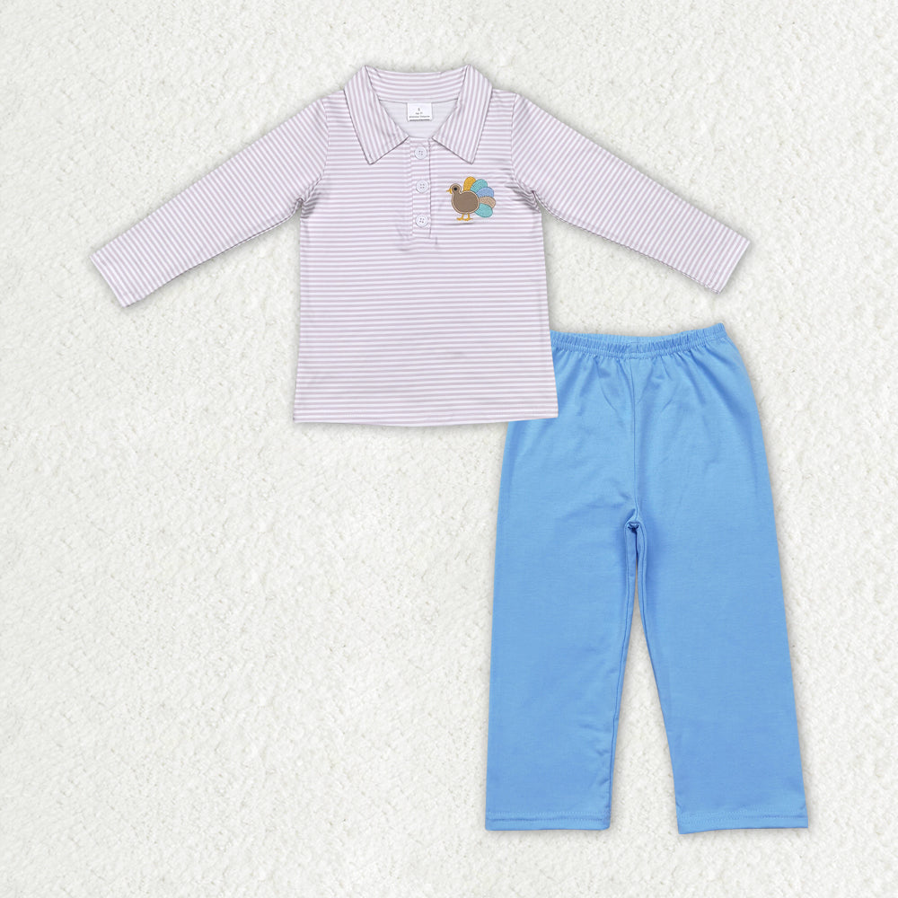 rts no moq BT0807+P0579 Embroidered turkey button collar striped long sleeve top boys light blue trousers sets