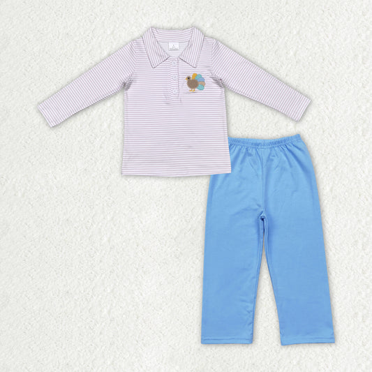 rts no moq BT0807+P0579 Embroidered turkey button collar striped long sleeve top boys light blue trousers sets