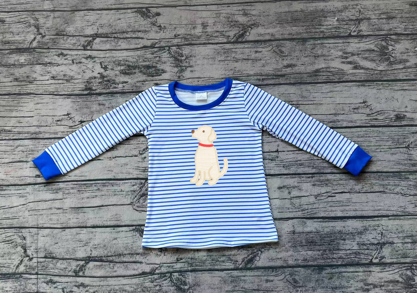 No moq BT0808 pre-order toddler girls clothes embroidery dog blue striped long Sleeve Top