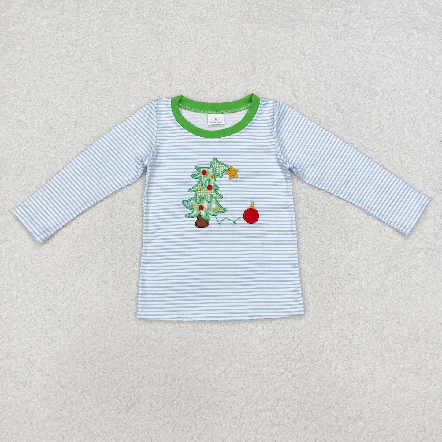 RTS NO MOQ ETA 5/7days arrived BT0809 Embroidered Christmas tree striped blue and white long sleeve top