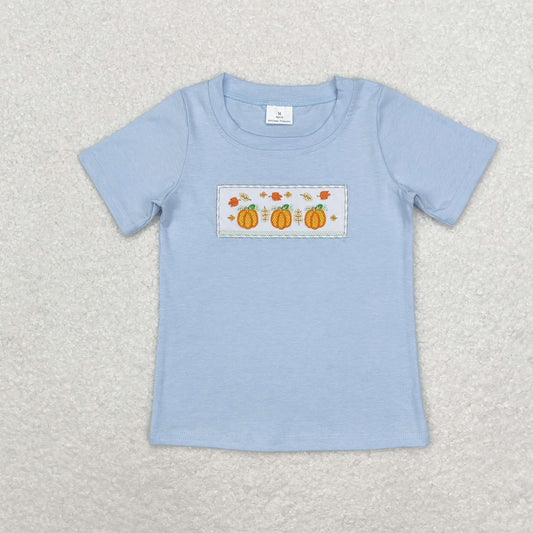 rts no moq BT0833 Embroidered pumpkin pattern blue short-sleeved top