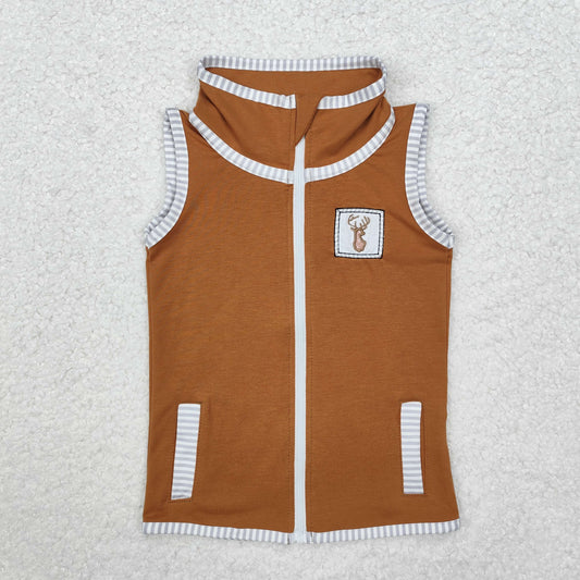 RTS NO MOQ ETA 6-7DAYS ARRIVED IT BT0855 Embroidery Brown sleeveless zipper vest with antler stripes