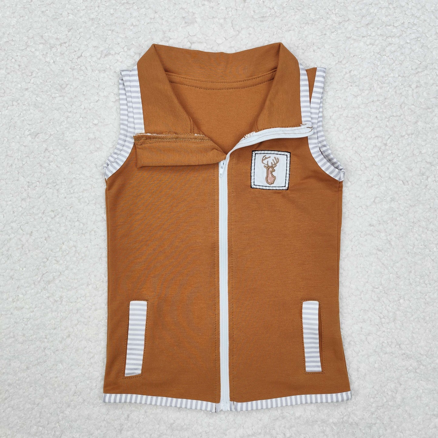 RTS NO MOQ ETA 6-7DAYS ARRIVED IT BT0855 Embroidery Brown sleeveless zipper vest with antler stripes