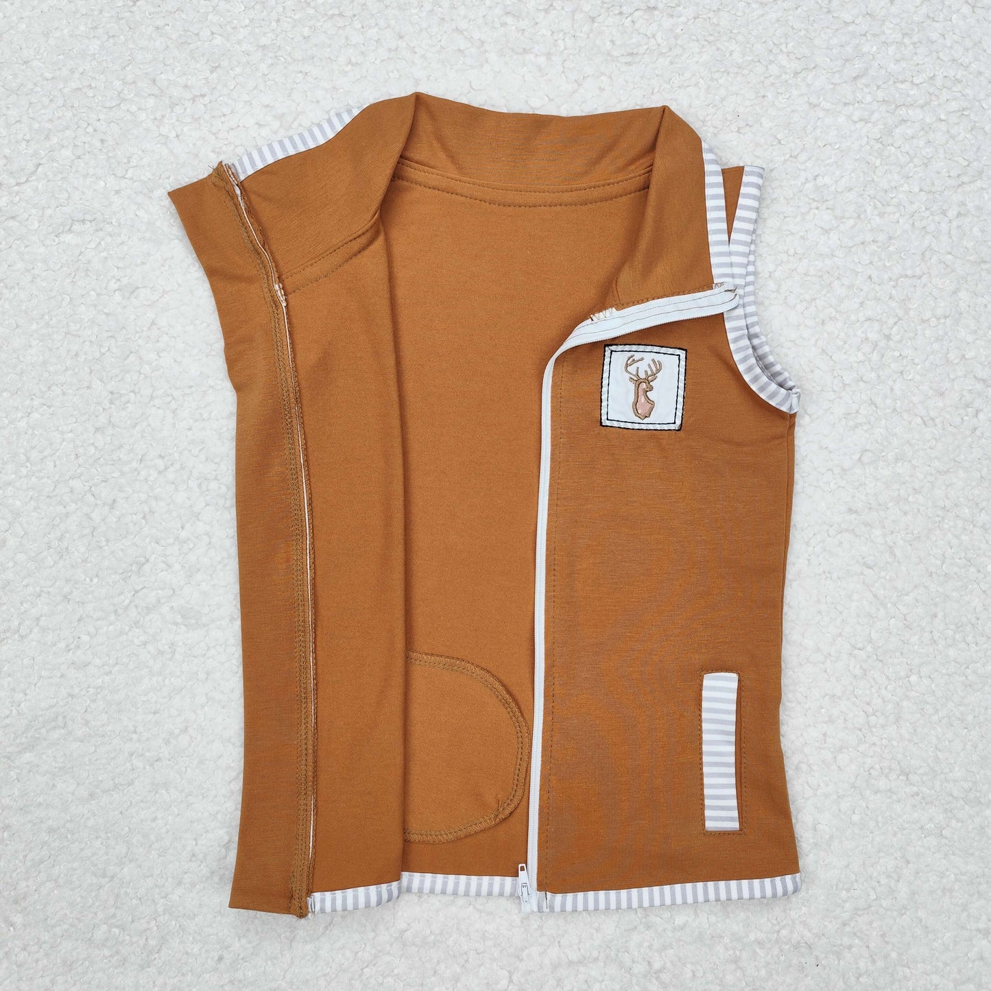 RTS NO MOQ ETA 6-7DAYS ARRIVED IT BT0855 Embroidery Brown sleeveless zipper vest with antler stripes