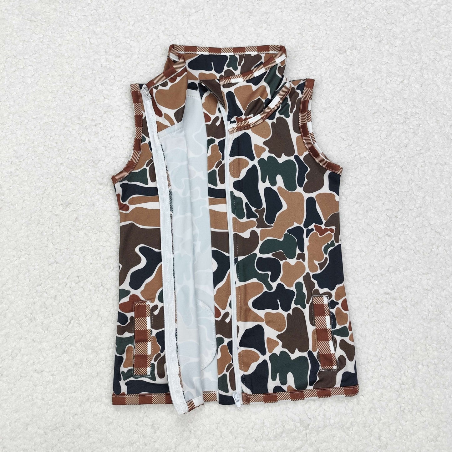 RTS NO MOQ ETA 5/7days Arrived BT0856 Brown plaid camouflage beige sleeveless zipper vest