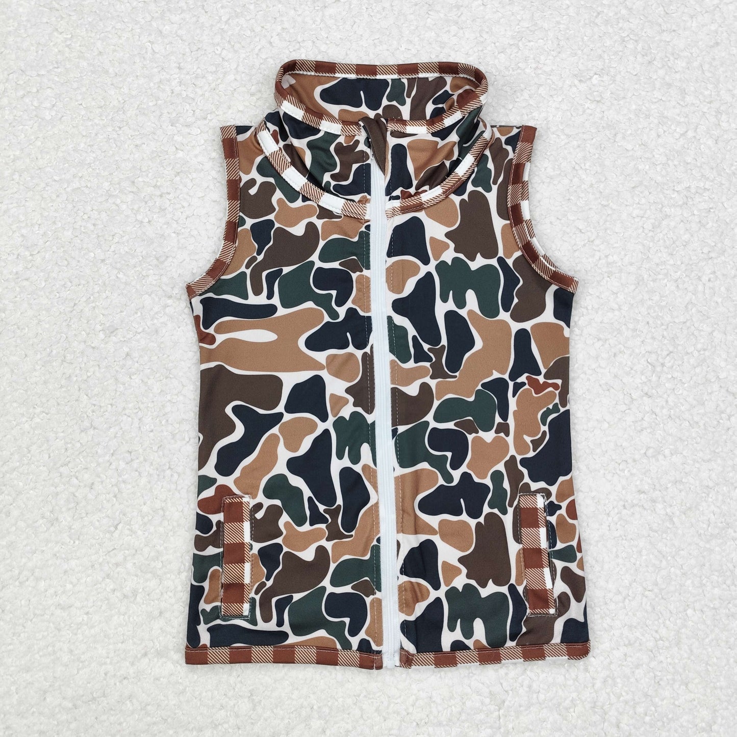 RTS NO MOQ ETA 5/7days Arrived BT0856 Brown plaid camouflage beige sleeveless zipper vest