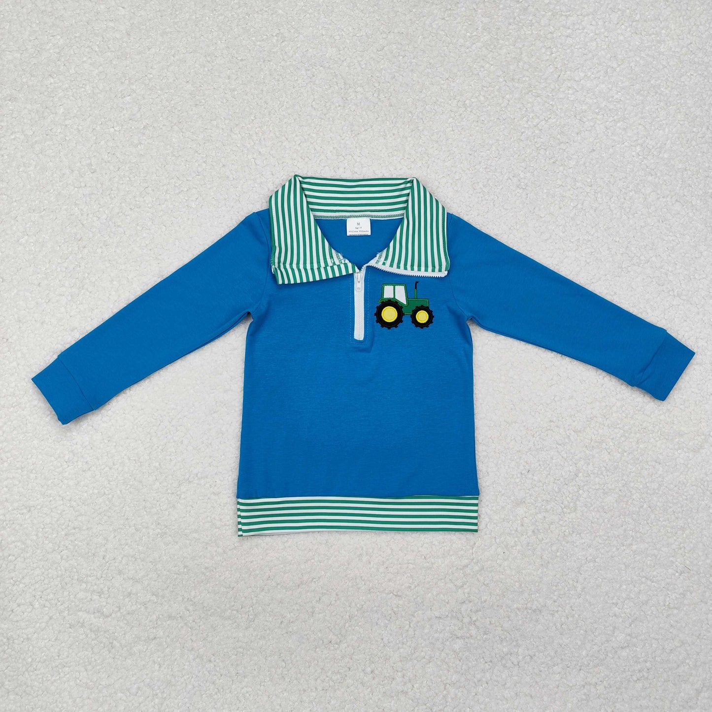 RTS NO MOQ ETA 5/7days arrived BT0892 Embroidered tractor green striped collar blue zipper long-sleeved top