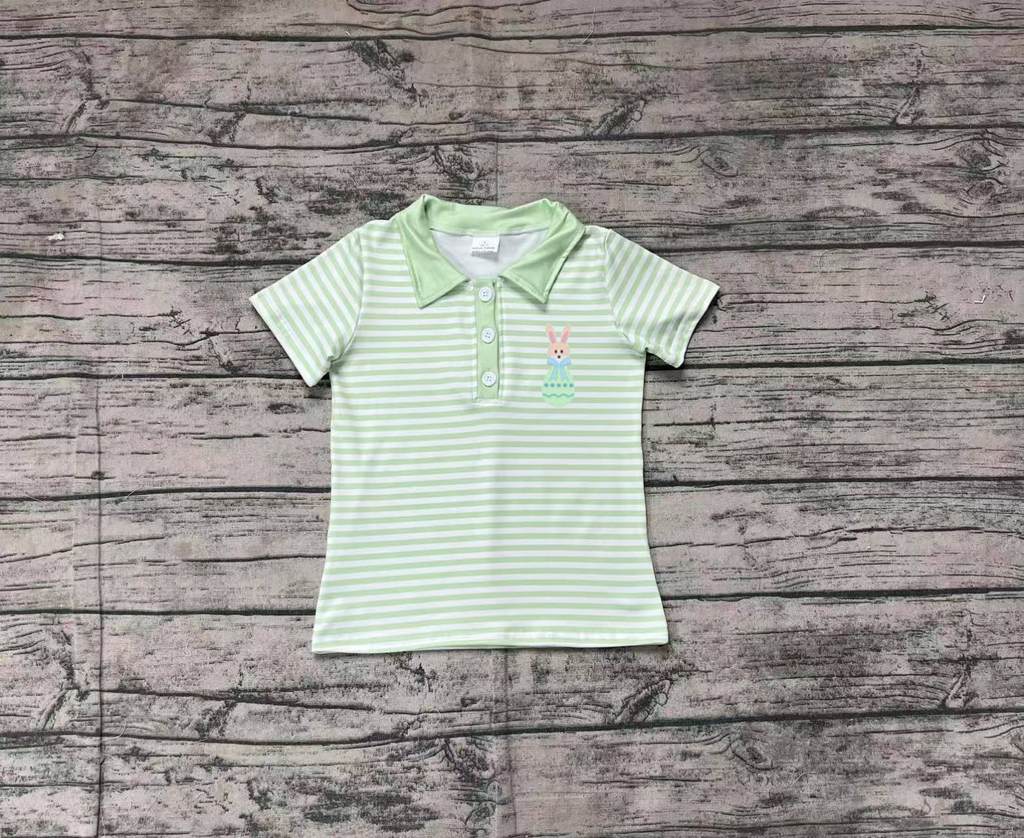 No moq BT1046 pre-order toddler boys clothes embroidery easter green striped short Sleeve Top