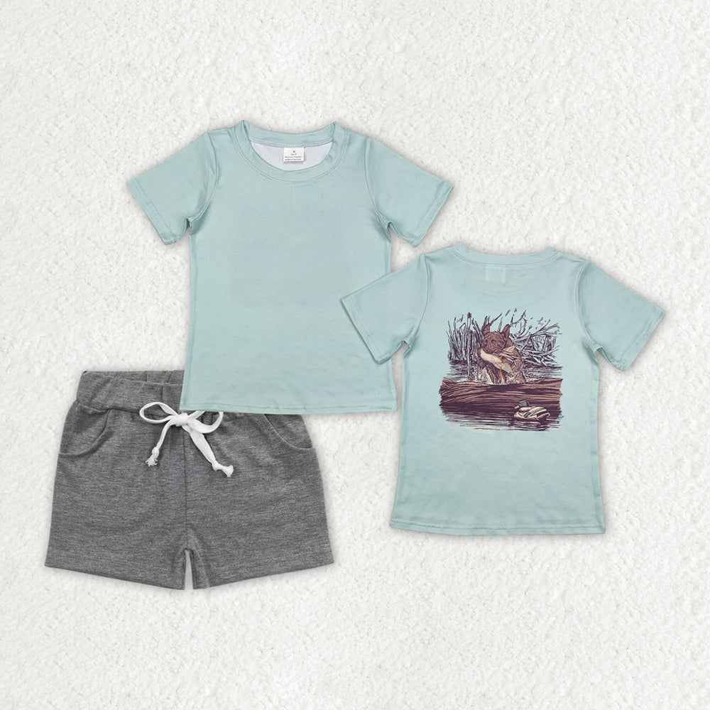RTS NO MOQ ETA 5/7days Arrived BT1081+SS0133 Duck puppy turquoise short-sleeved top Light gray pocket shorts sets