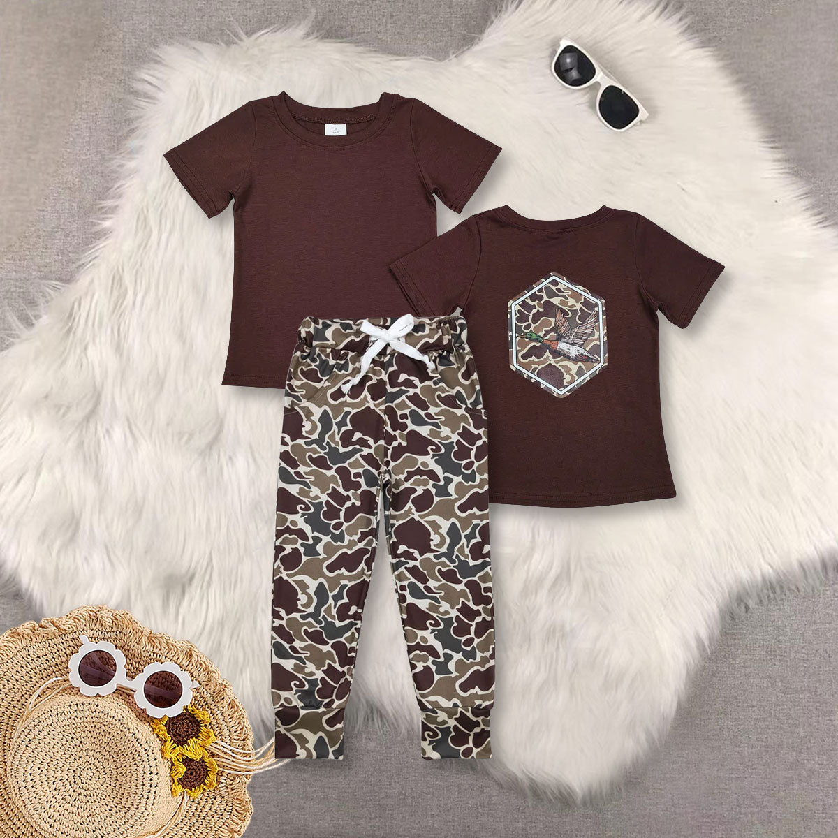 RTS NO MOQ Sibling baby boy clothes Offset camouflage duck dark brown short sleeve top and pants and set