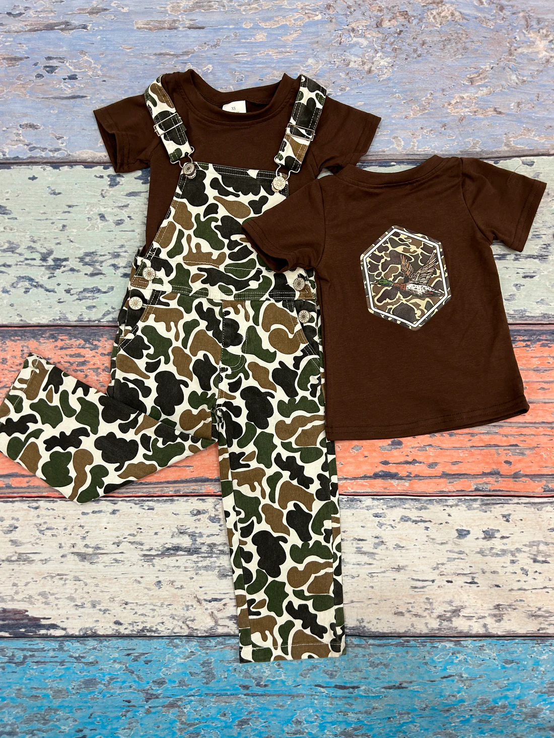 RTS NO MOQ ETA 5/7days Arrived BT1090+P0535 offset camouflage duck dark brown short-sleeved top brown and green suspender denim trousers