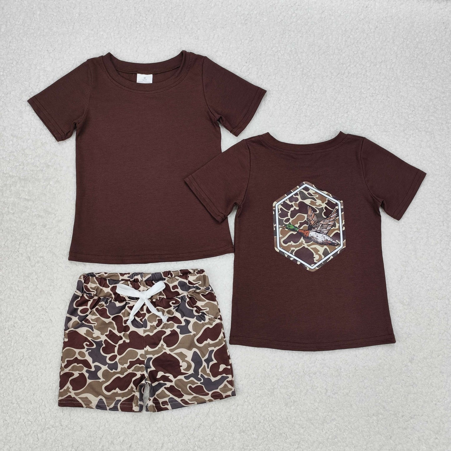 RTS NO MOQ ETA 5/7days Arrived BT1090+SS0202 Offset camouflage duck dark brown short sleeve top brown green beige shorts Set