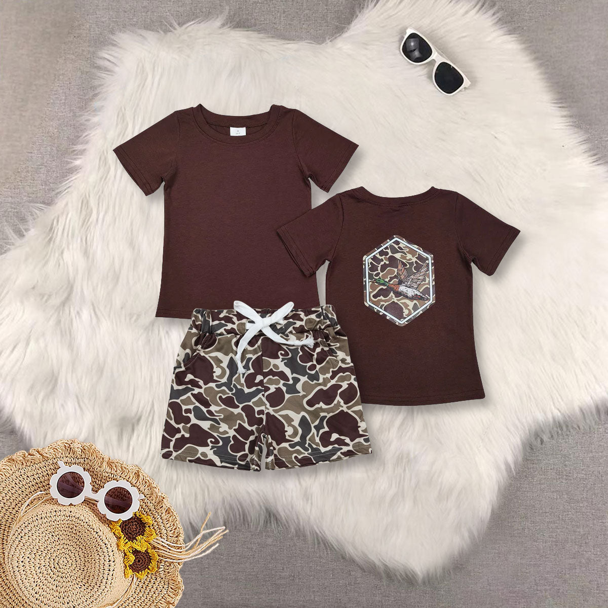 RTS NO MOQ Sibling baby boy clothes Offset camouflage duck dark brown short sleeve top and shorts and set