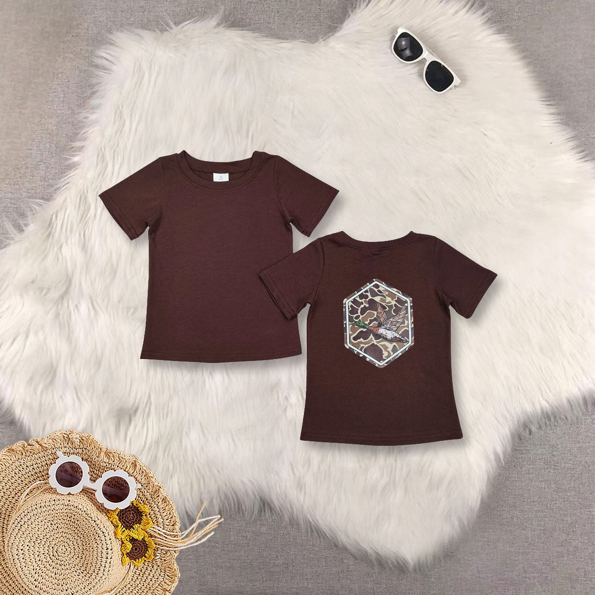 RTS NO MOQ Sibling baby boy clothes Offset camouflage duck dark brown short sleeve top and pants and set