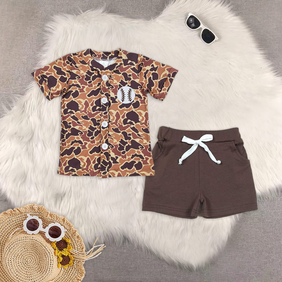 RTS NO MOQ baby boys clothes baseball camouflage Short Sleeve Suit  & Top and shorts