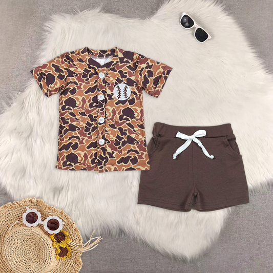 RTS NO MOQ baby boys clothes baseball camouflage Short Sleeve Suit  & Top and shorts