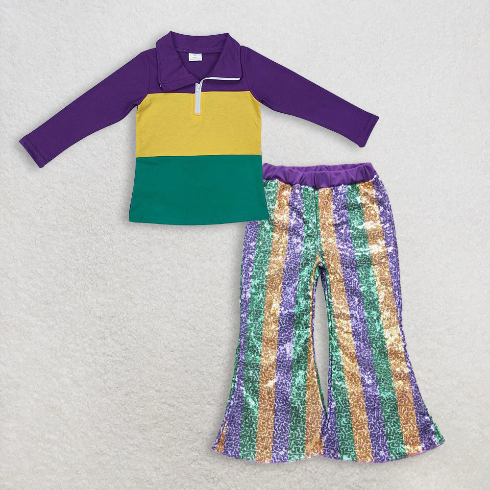 RTS NO MOQ（In Stock) mardi gras long sleeved top sequined pants set