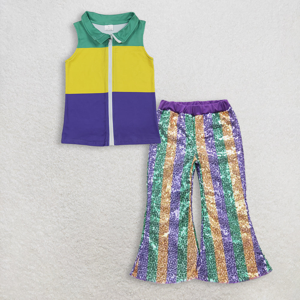 RTS NO MOQ（In Stock) baby boy clothes mardi gras vest top sequined pants set