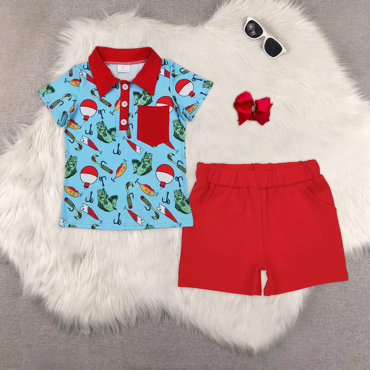 RTS NO MOQ baby boys clothes fishing Short Sleeve Suit  & Top and shorts