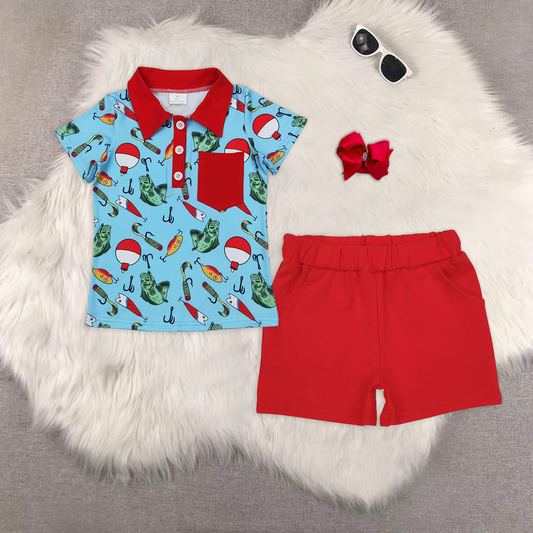 RTS NO MOQ baby boys clothes fishing Short Sleeve Suit  & Top and shorts