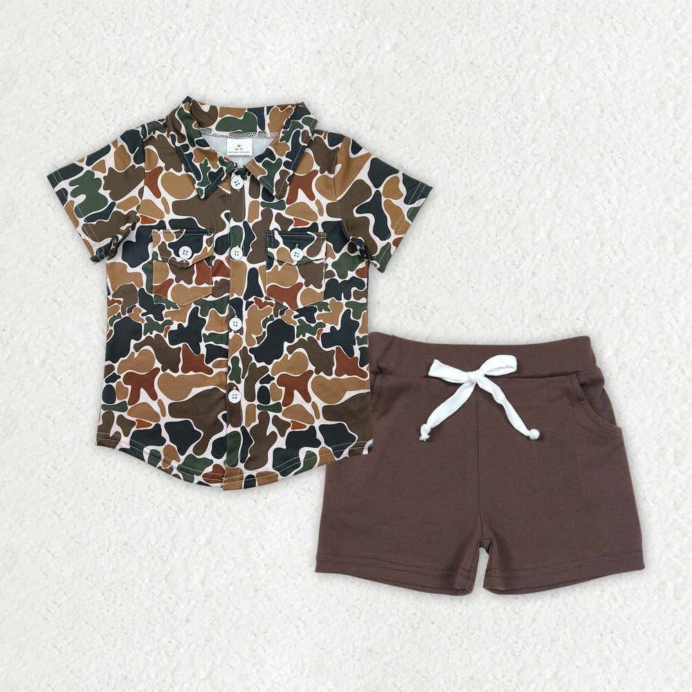 RTS NO MOQ BT1200+SS0134 camouflage short-sleeved top Brown pocket shorts