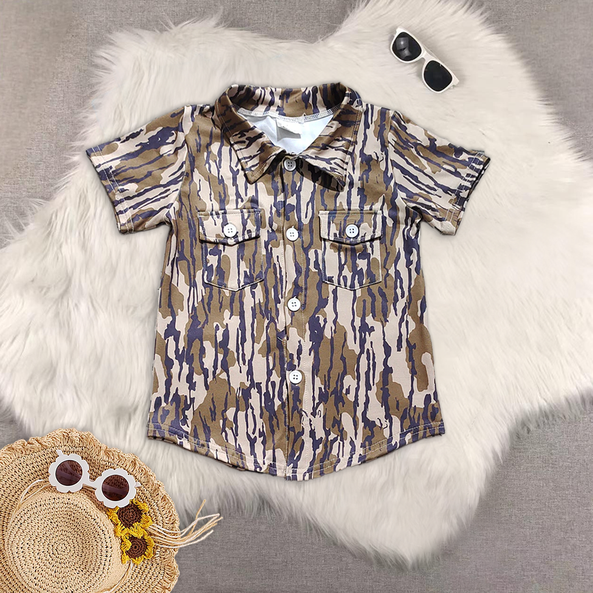 RTS NO MOQ baby boys clothes camouflage Short Sleeve Suit  & Top and shorts