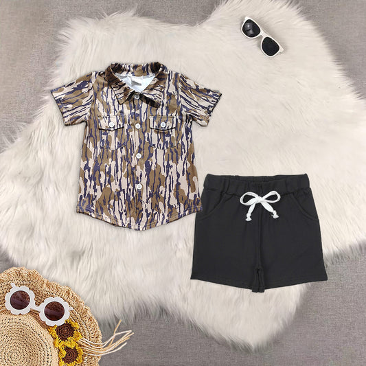 RTS NO MOQ baby boys clothes camouflage Short Sleeve Suit  & Top and shorts