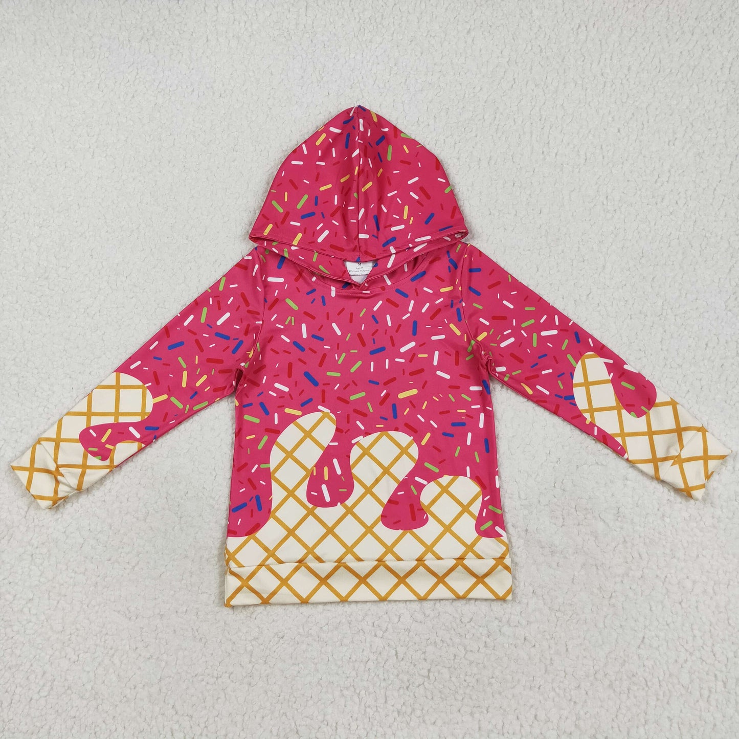 RTS NO MOQ（In Stock) BT1271 Waffle Ice Cream Rose Red Hooded Long Sleeve Top