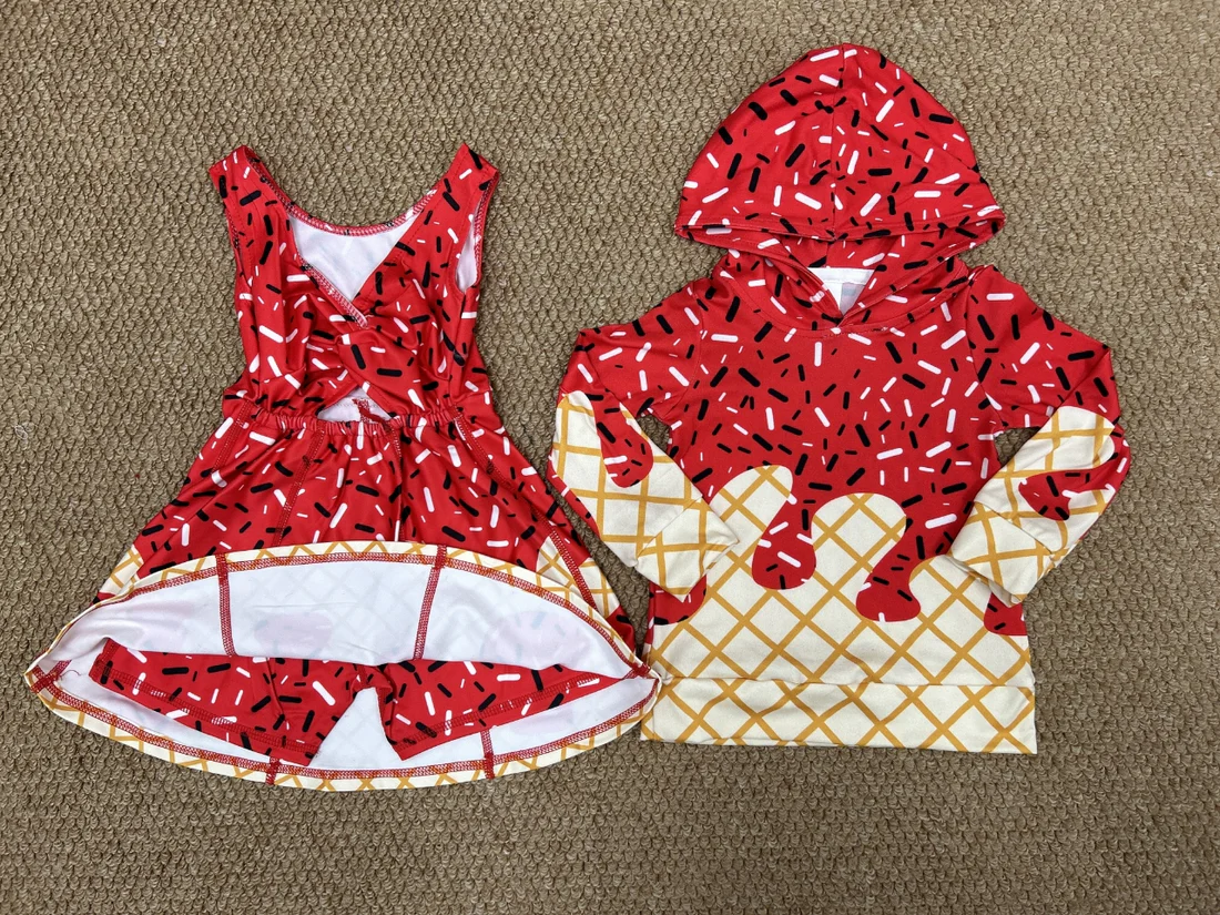 RTS Sibling baby boy girl clothes team ice cream hooded long Sleeve tops and yoga dress