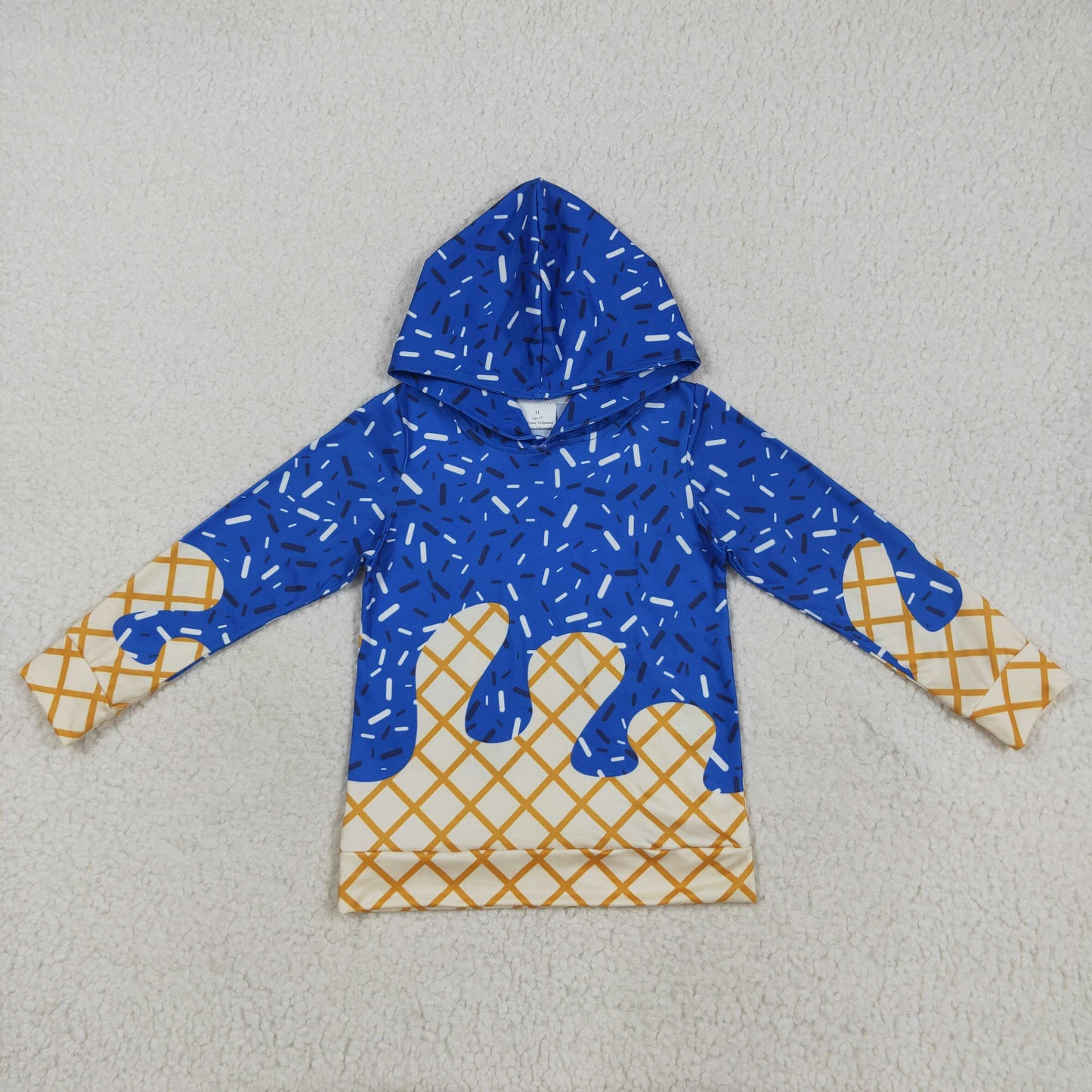 RTS NO MOQ（In Stock) BT1275 Waffle Ice Cream Royal Blue Hooded Long Sleeve Top