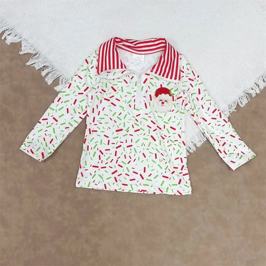 RTS NO MOQ（In Stock) BT1294 Embroidered Ice Cream Santa Claus White Zippered Long-Sleeved Top