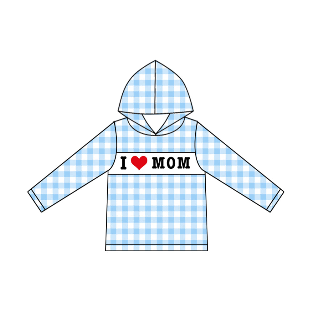 (Pre Order) No moq BT1359 pre-order toddler boy clothes I LOVE MOM blue hooded long Sleeve Top -2025.9.13