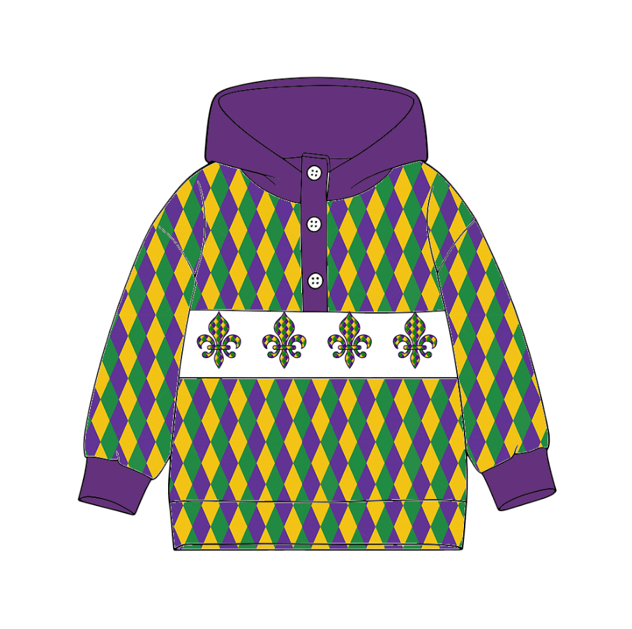 (Pre Order) No moq BT1403 pre-order toddler boy clothes mardi gras purple hooded long Sleeve Top -2025.10.10