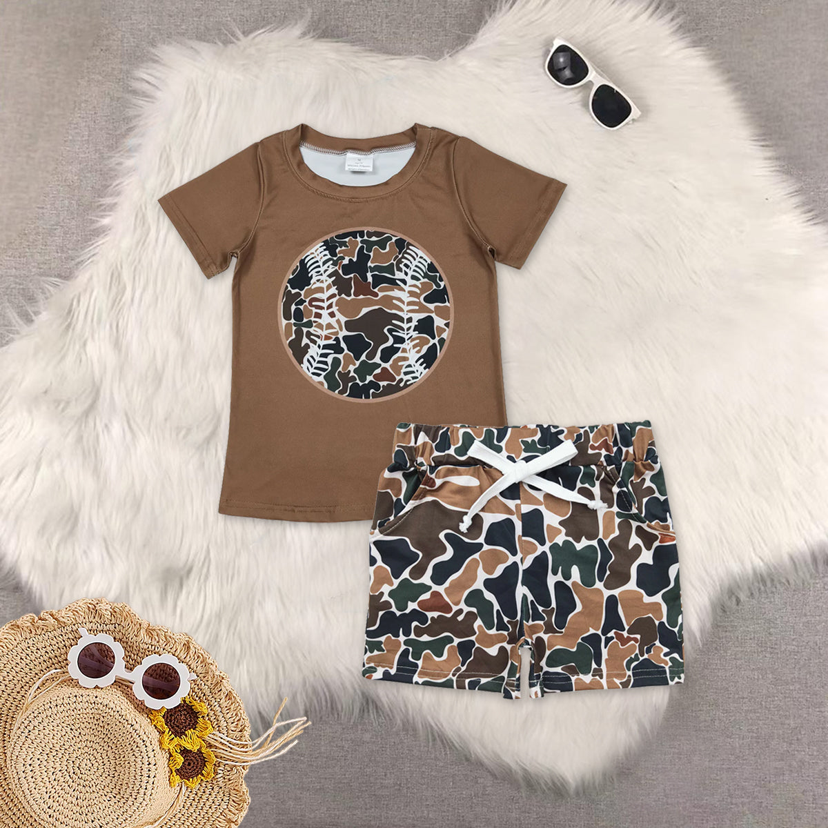 RTS NO MOQ（In Stock) Brown-green camouflage beige baseball short-sleeved shirt shorts set