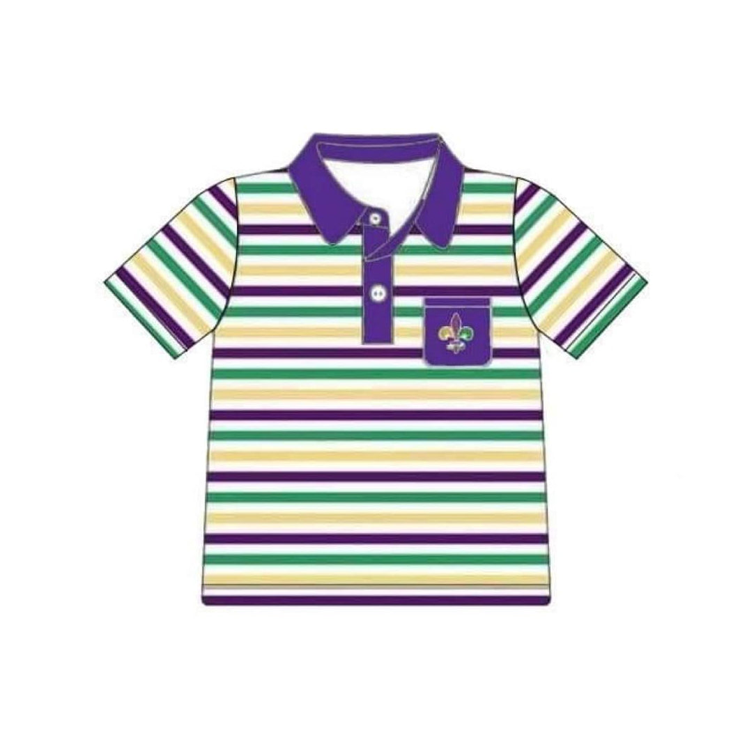 (Pre Order) No moq BT1436 pre-order toddler boy clothes mardi gras striped short Sleeve Top -2025.10.20