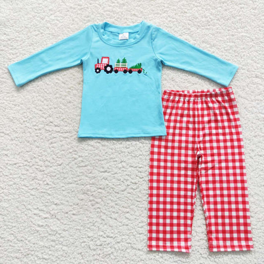 BLP0248 Christmas Tree Embroidered Truck Red Plaid Blue Long Sleeve Trouser Set