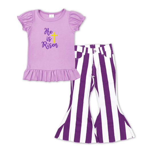 P0331 Purple and white striped denim trousers+GT0393 he is risen purple lantern sleeve short-sleeved top with embroidered cross