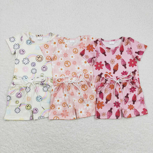 RTS NO MOQ Baby Girls Flowers Short Sleeve Tee Shirts Summer Shorts Pajamas Clothes Sets