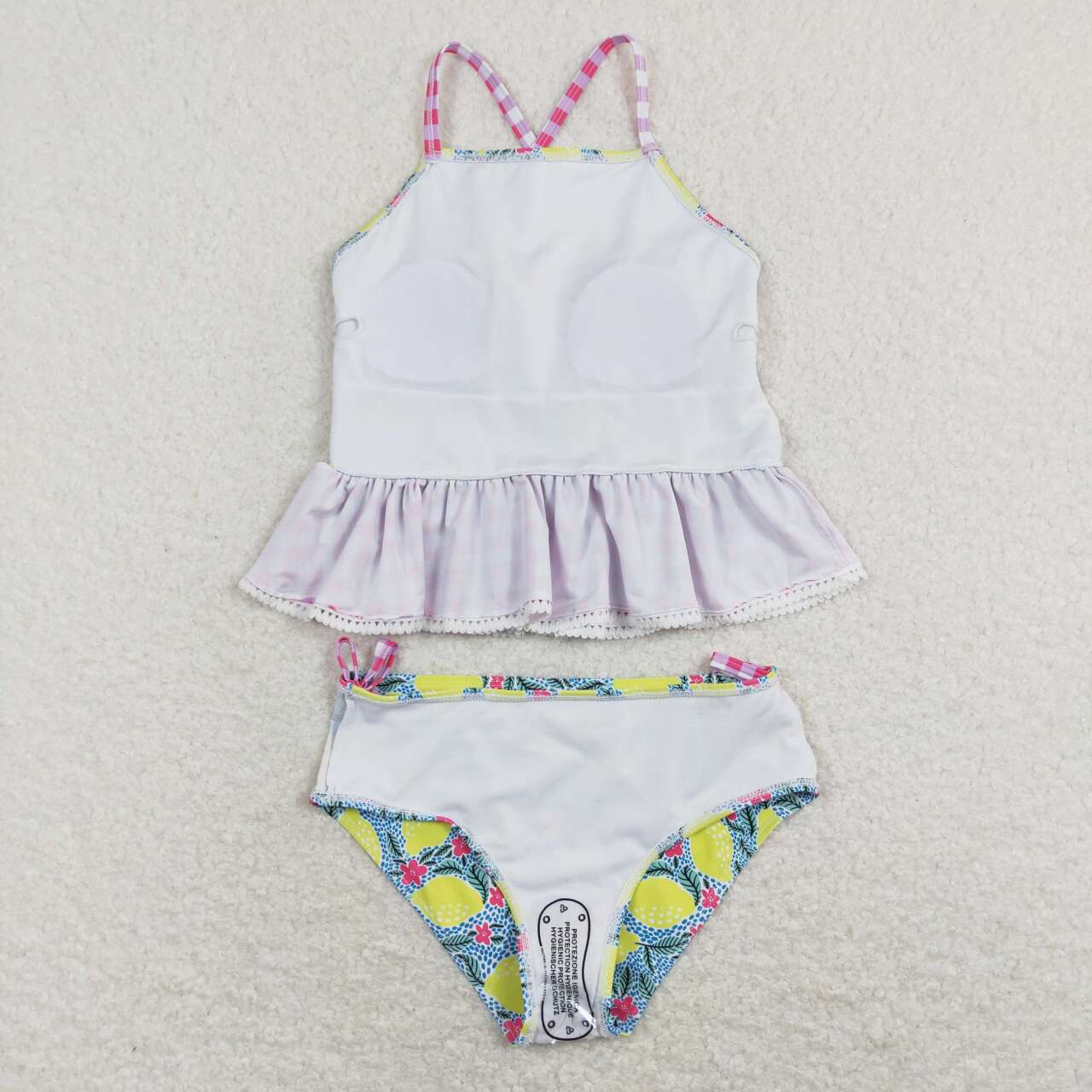 S0219 Lemon pink and white plaid lace swimsuit set