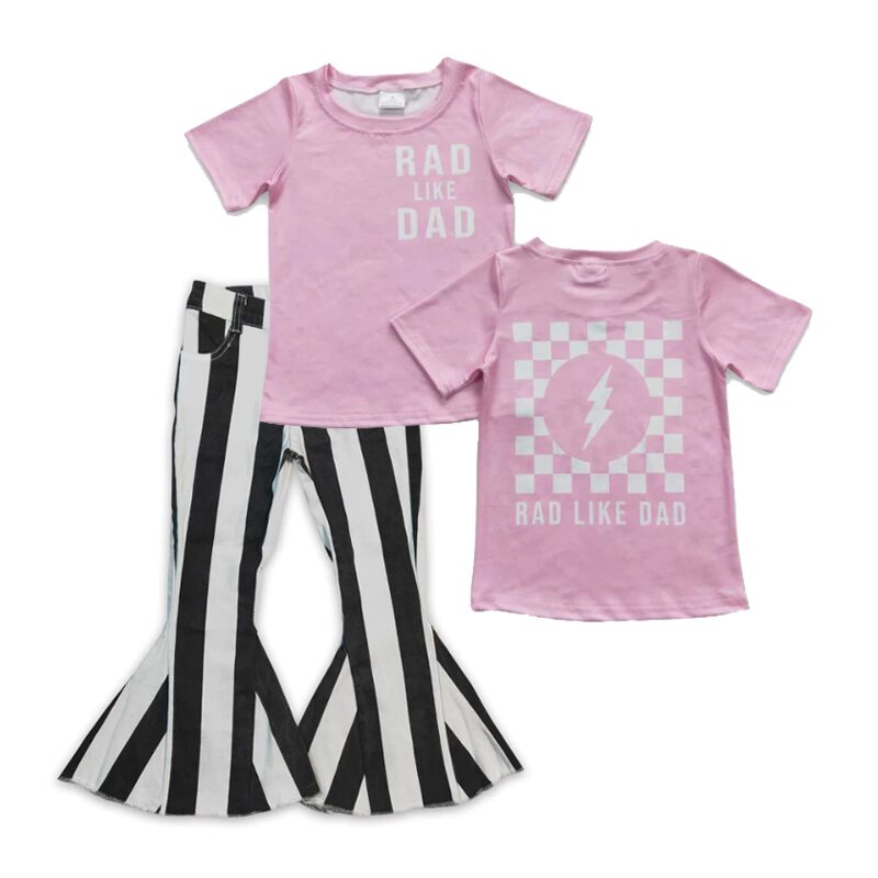 P0046 Black and white striped denim trousers+GT0309 rad like dad letter lightning plaid pink short-sleeved top