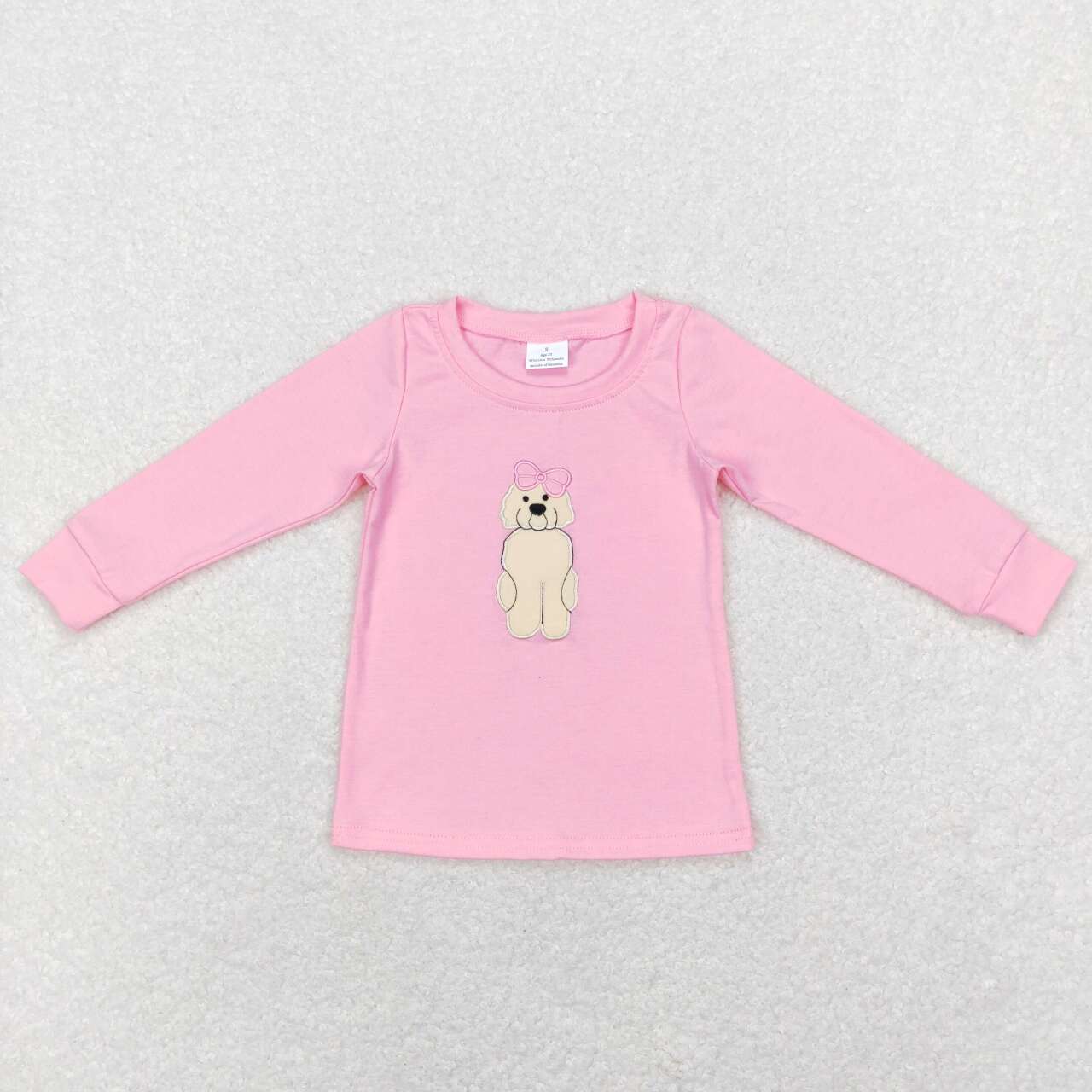 GT0408 Embroidered Bow Puppy Pink Long Sleeve Top